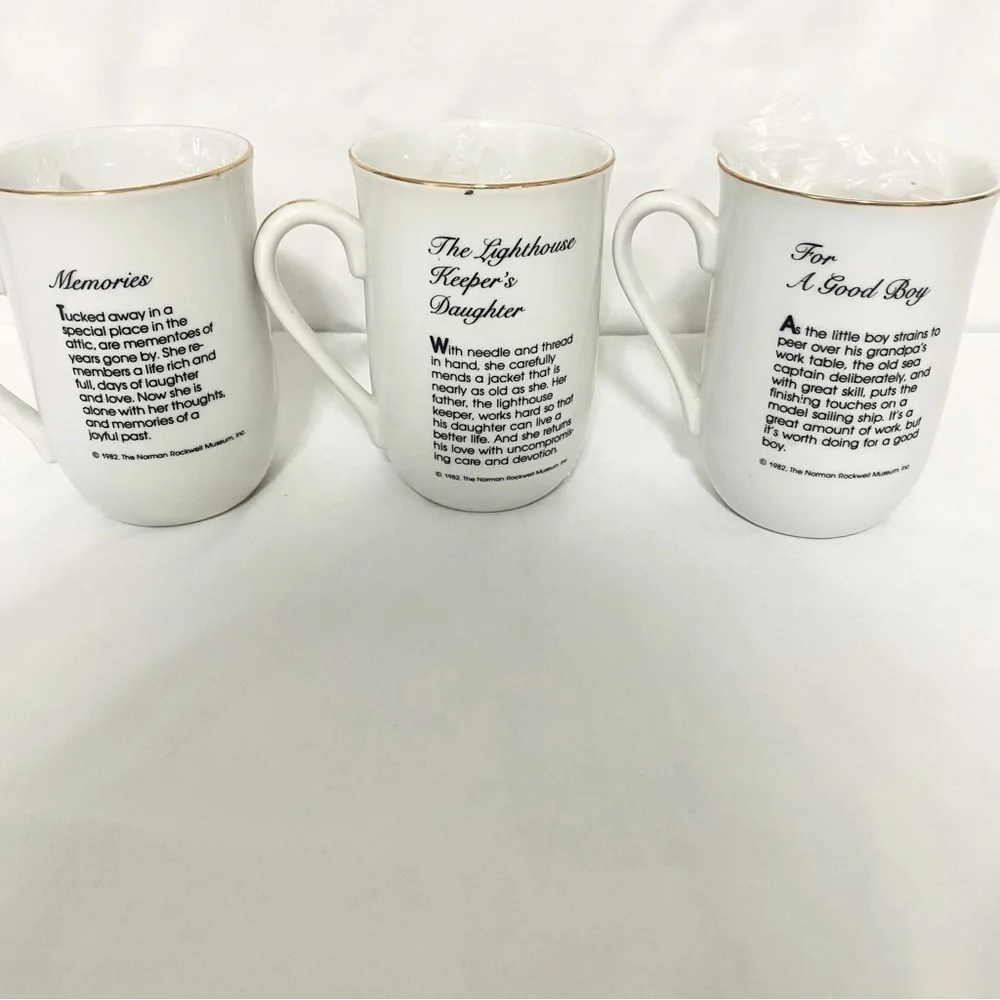 VINTAGE SET Of 3 Norman Rockwell Museum Coffee Mugs Cups White Gold Trim JAPAN